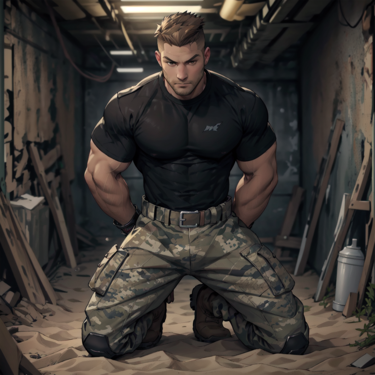 A muscular man in military fatigues is sitting on the ground.