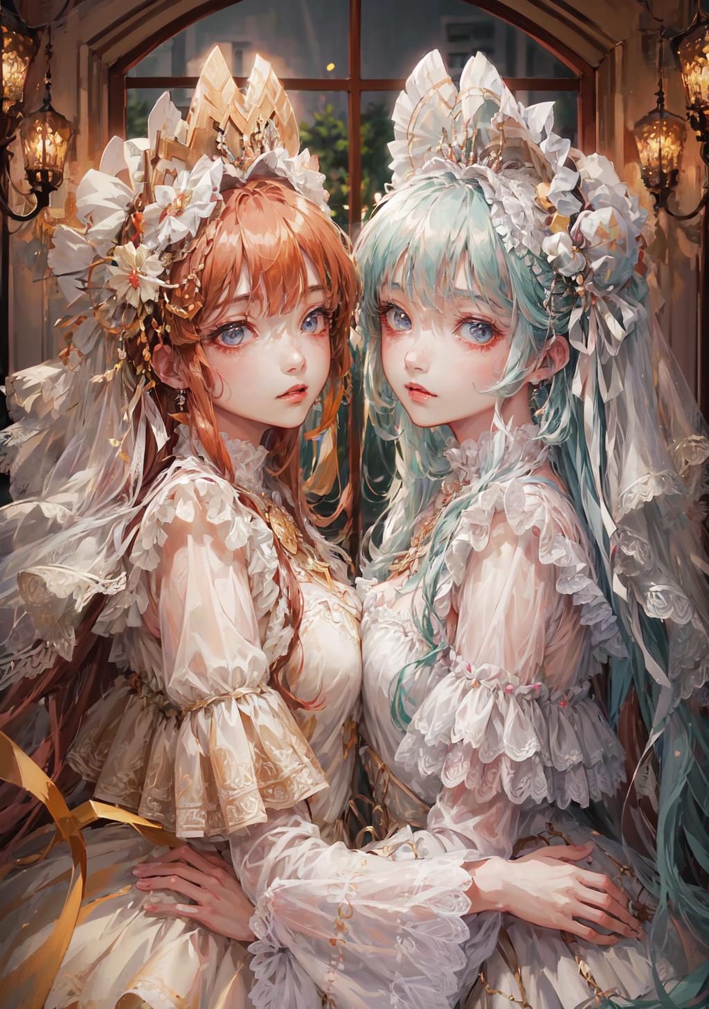 Two Anime Bridesmaids in Wedding Dresses with Flowers in Their Hair