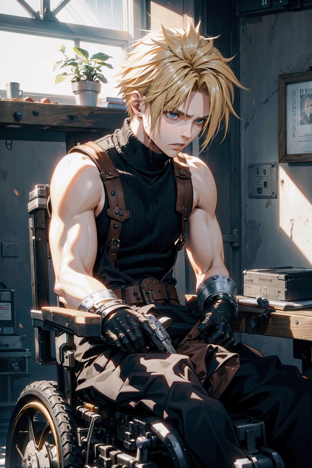 Anime character with yellow hair and black shirt holding a gun.