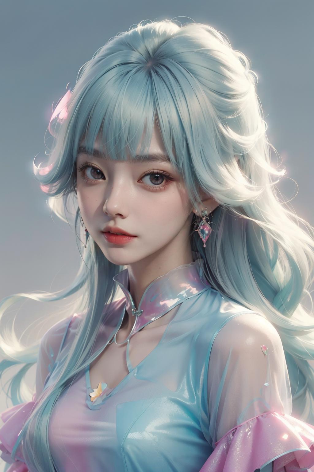 A beautifully rendered digital artwork of a young Asian woman with blue hair and a blue dress.
