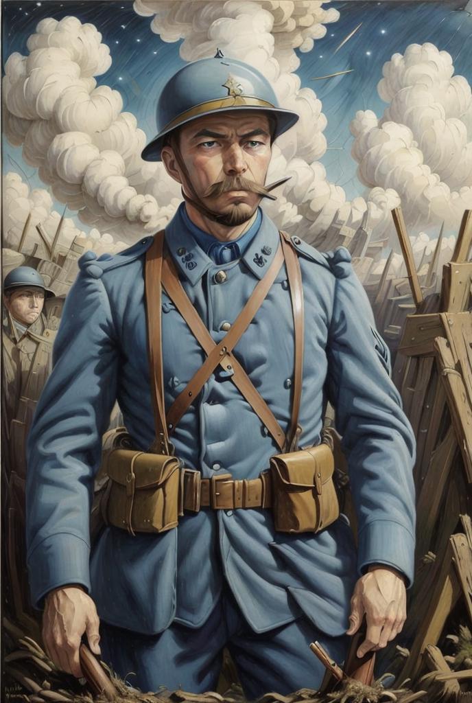 A man in a blue uniform with a mustache and a cigar, standing in front of a cloudy sky.
