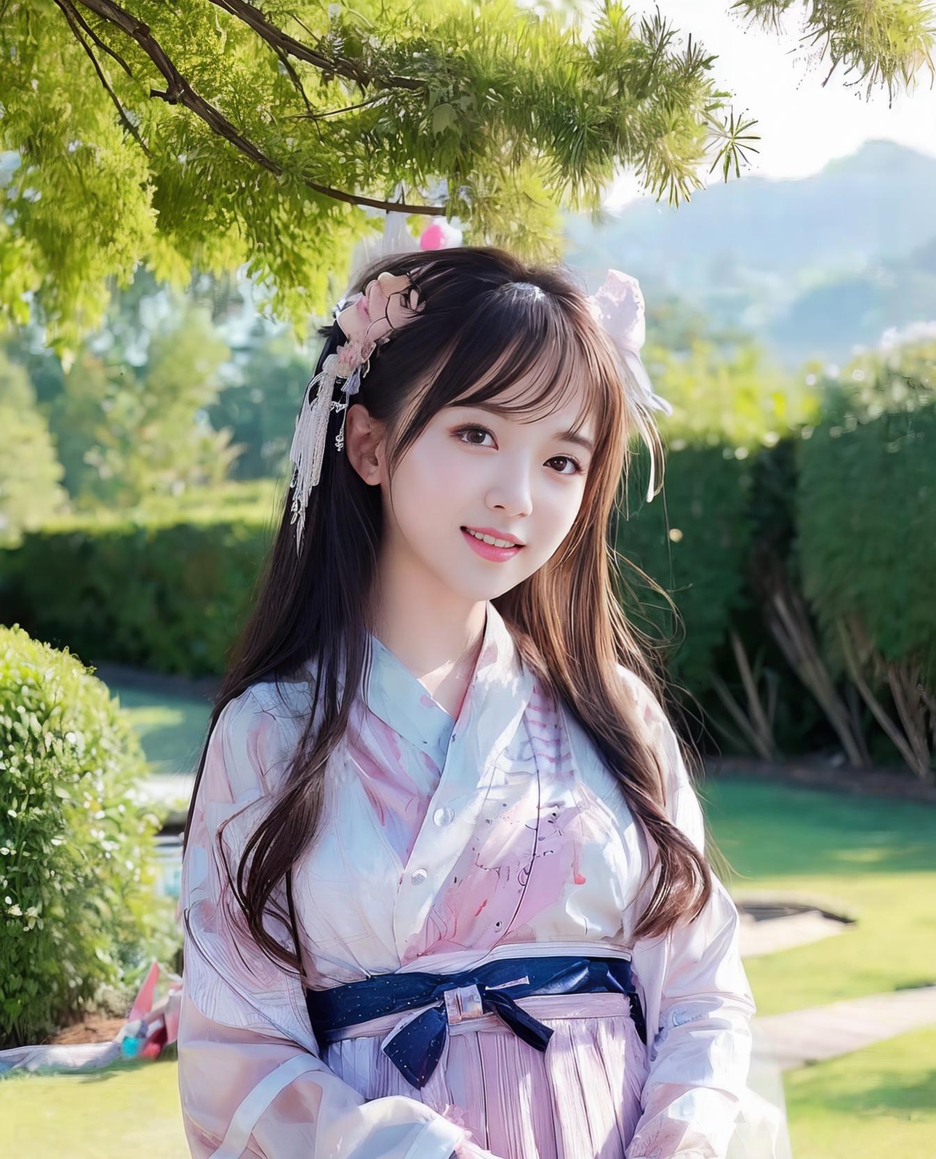 A woman wearing a traditional kimono poses for a picture outdoors.