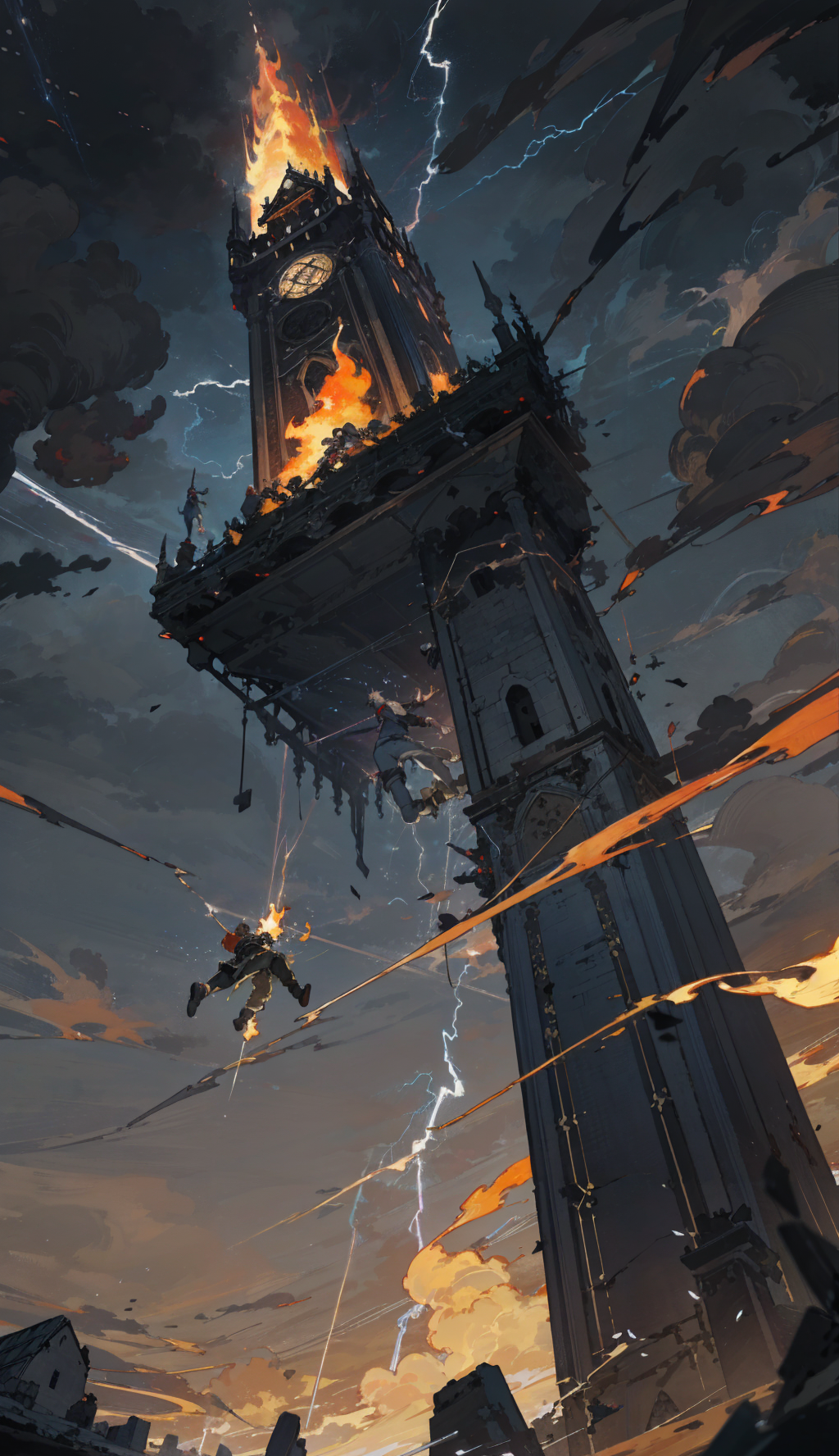 A fantasy scene with a clock tower, a skull, and a lightning bolt.
