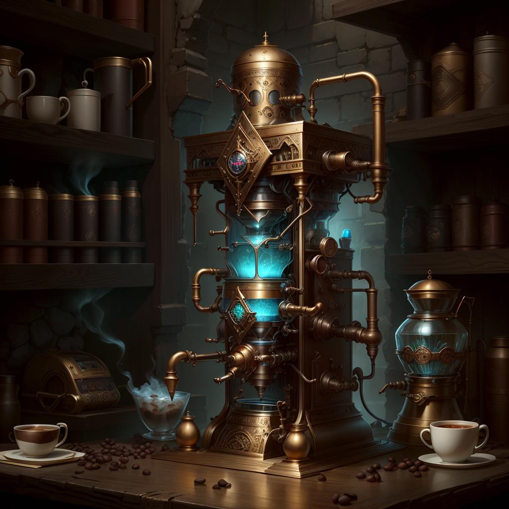 A Steampunk-Inspired Alchemy Lab with a Coffee Setup and a Bookshelf of Potions and Ingredients