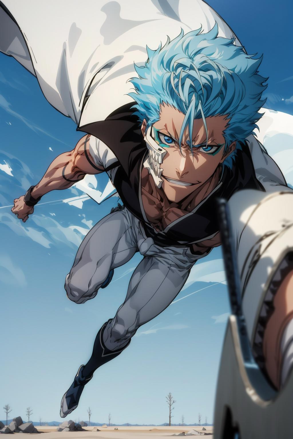 A blue-haired anime character flying through the air with a sword in his hand.