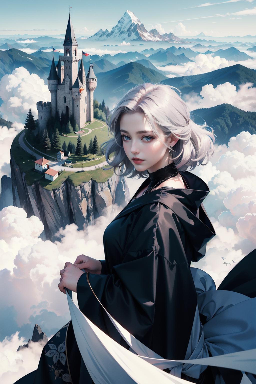 Anime-style drawing of a girl in a black robe standing in front of a castle.