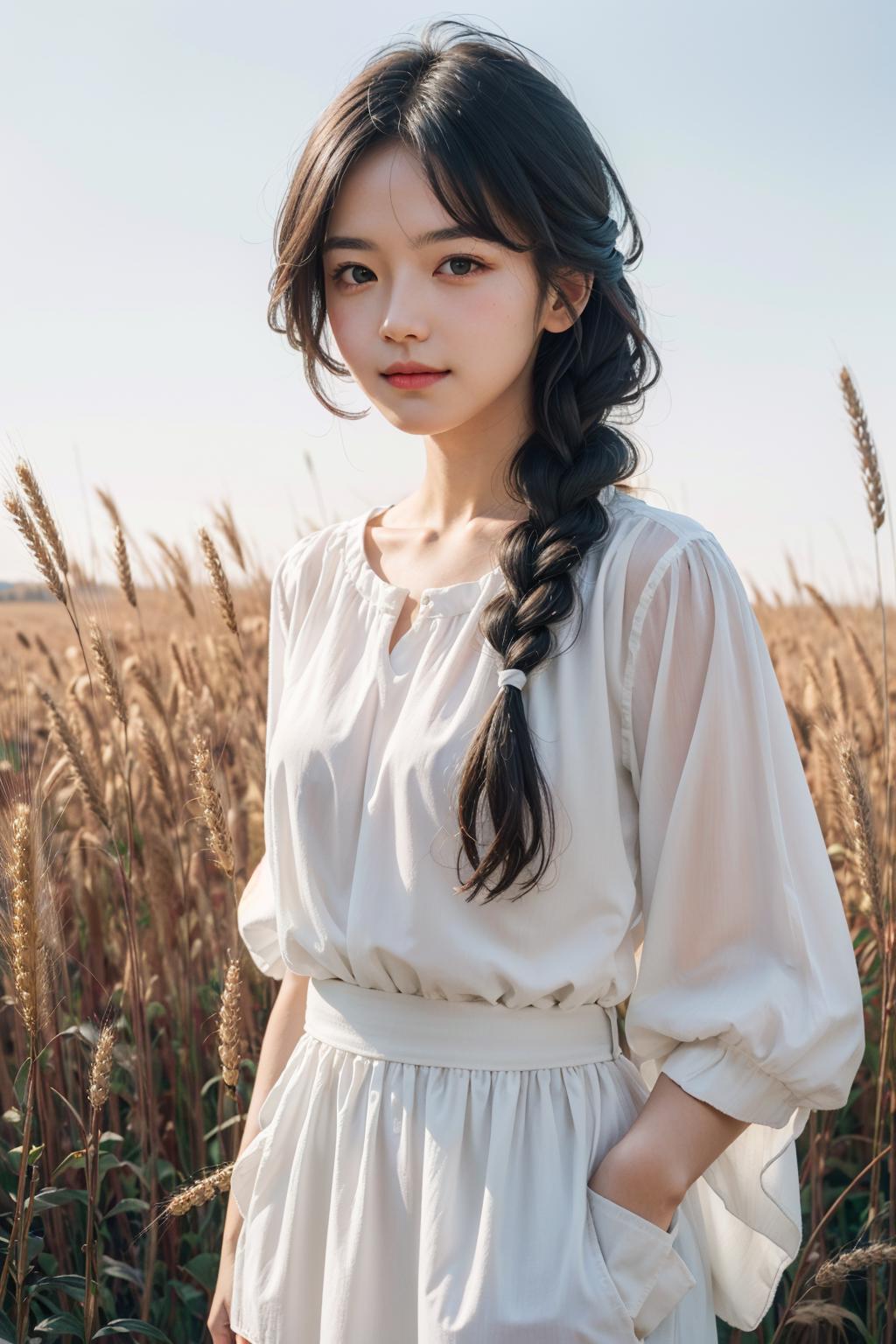 A woman with long dark hair wearing a white dress and braids poses in front of a field of tall grass.