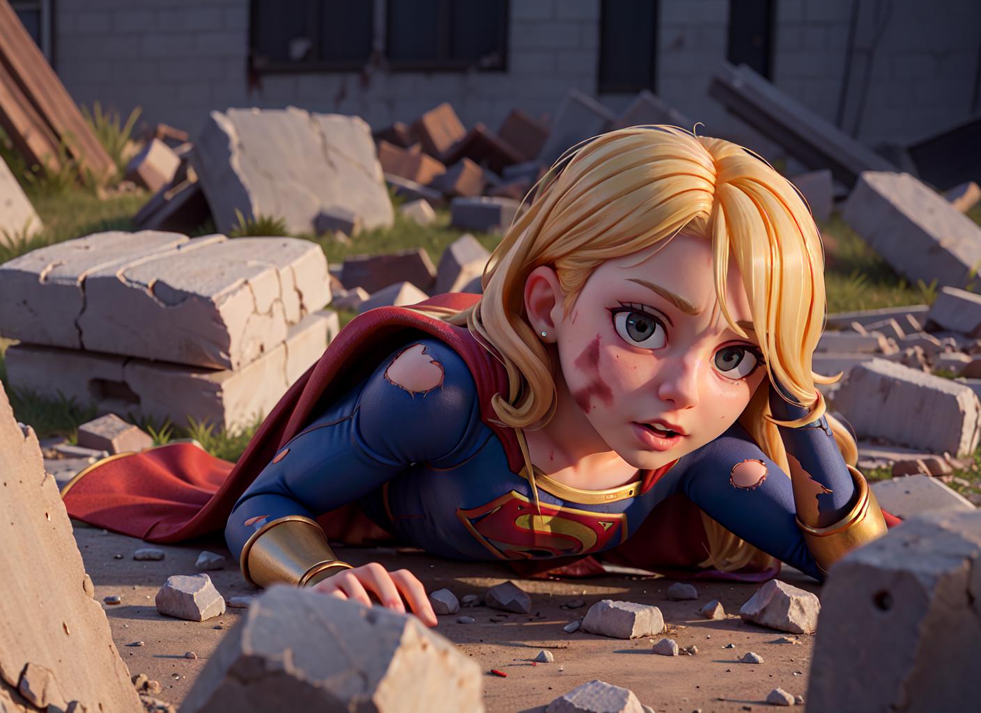 A CGI Supergirl Lying on Rocks with Cracked Skin