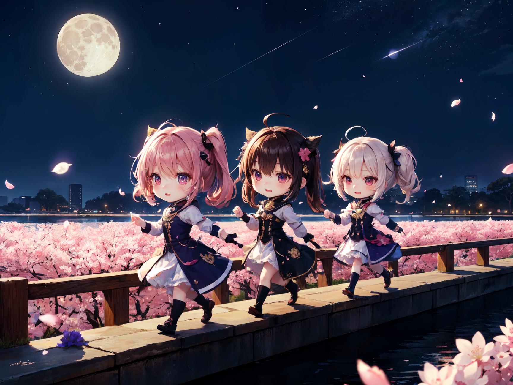 Anime-style scene of four girls walking along a pier at night.