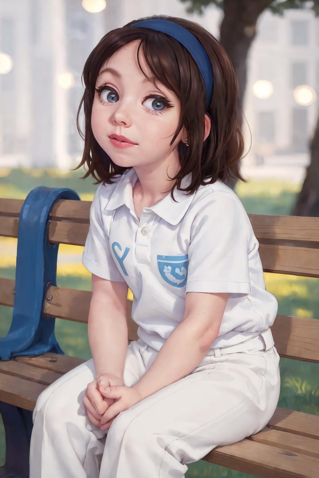 A young girl with long eyelashes, a blue bow headband, and a white shirt with blue writing sitting on a bench.