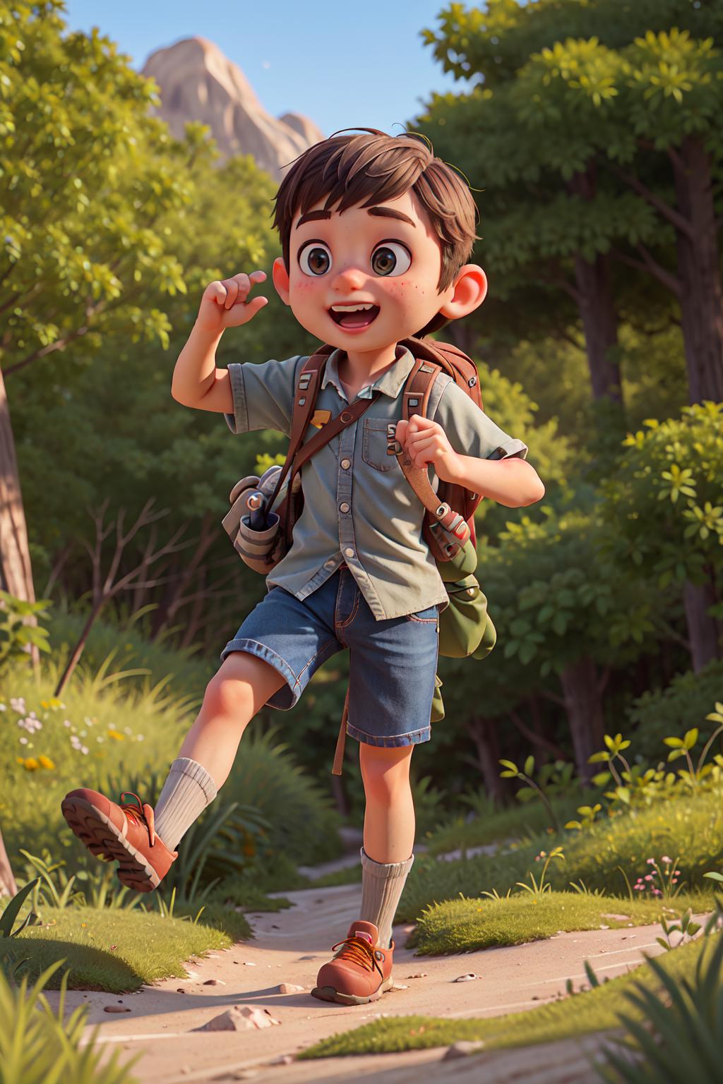 A happy boy wearing a backpack and shorts in a cartoon image.