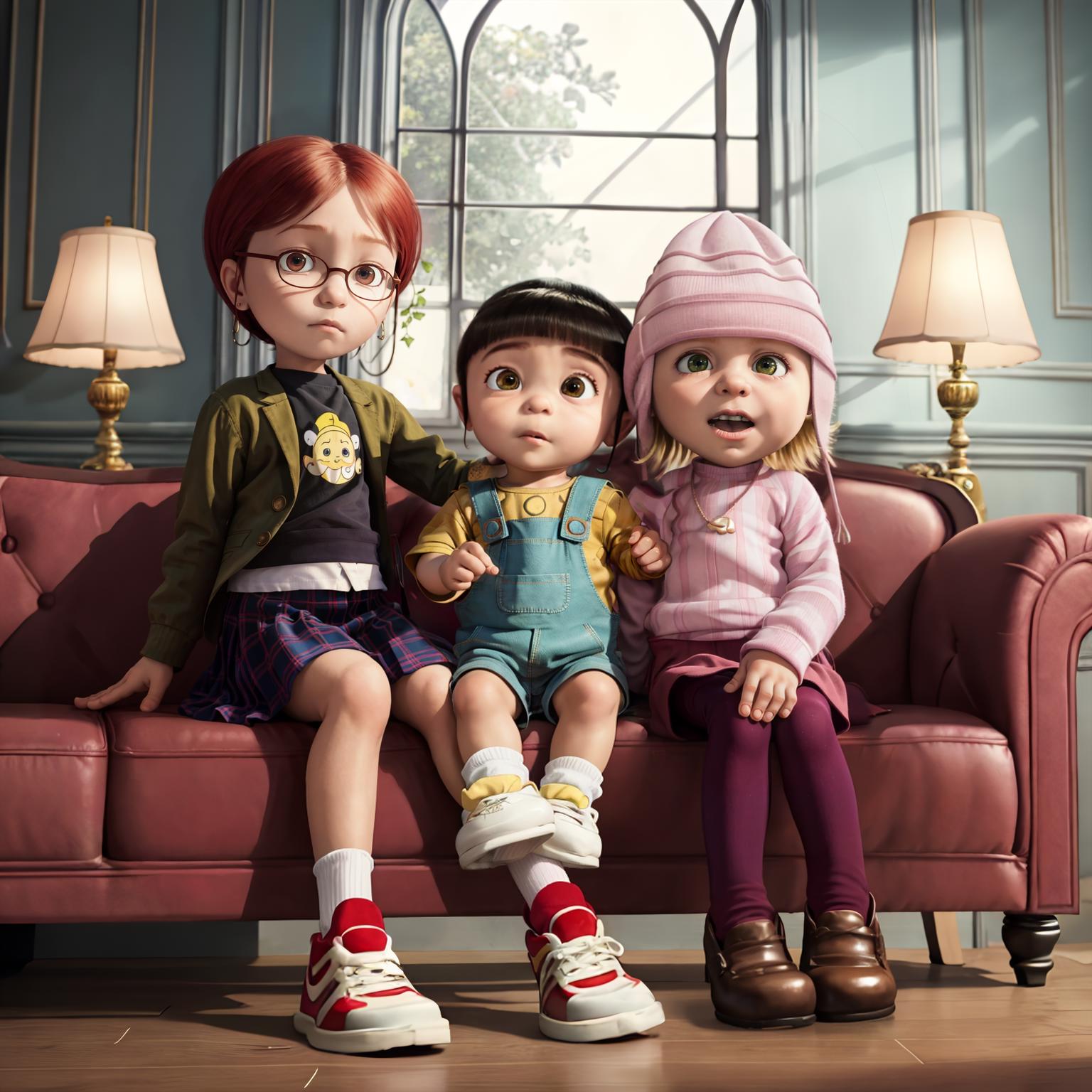 Three cartoon children sitting on a couch with red and white shoes.