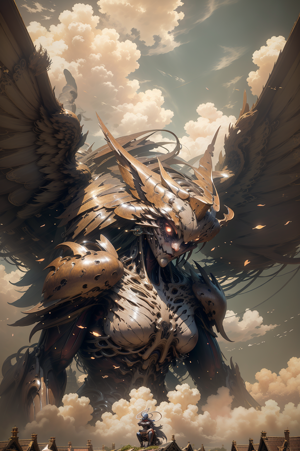 An Angelic Statue with Glowing Eyes, Wings, and Armor, Staring at the Sky