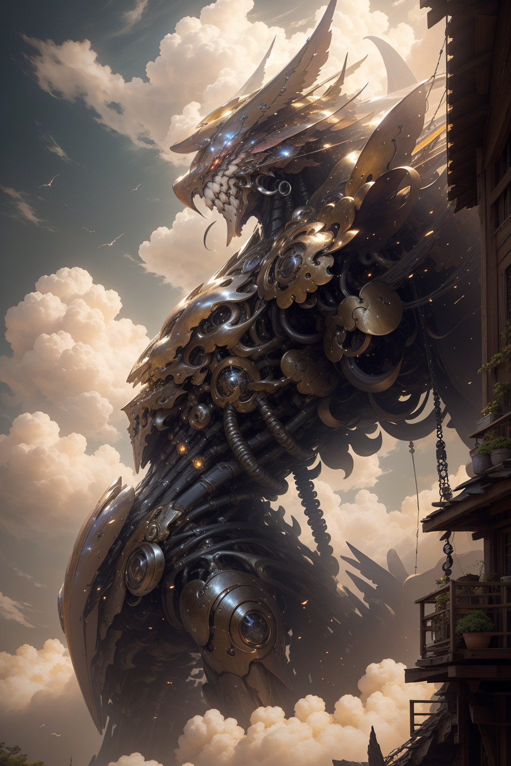 A fantastical robot with gold gears on a cloudy sky background.