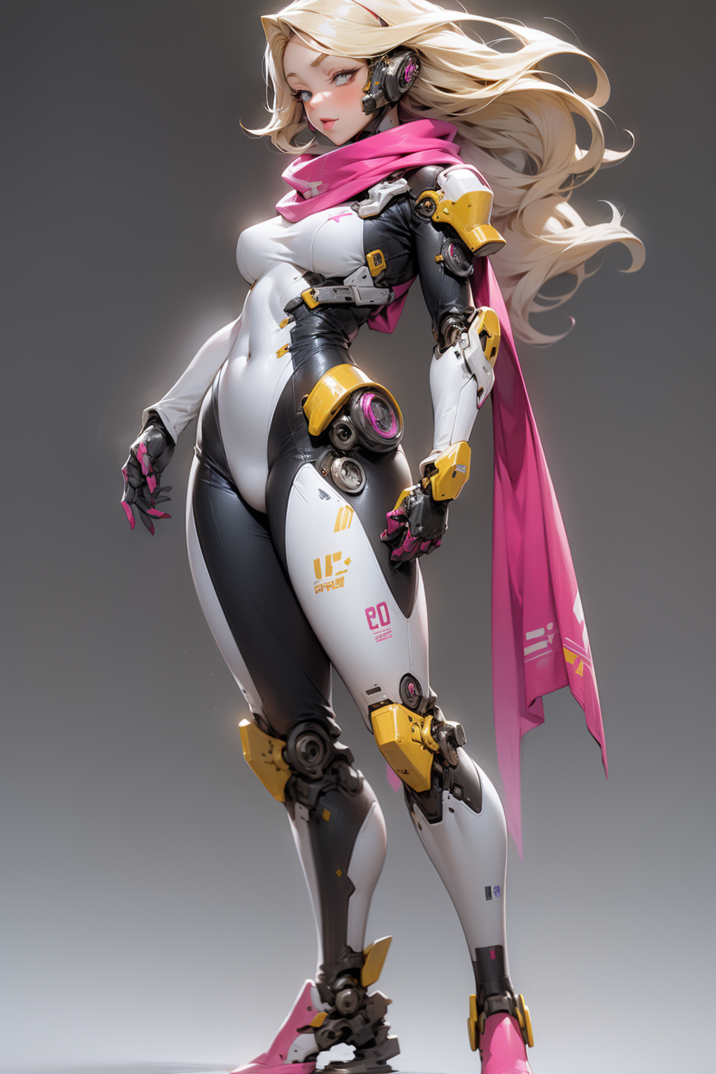 A Pink Scarf-Wearing Female Robot in White and Gray Uniform.