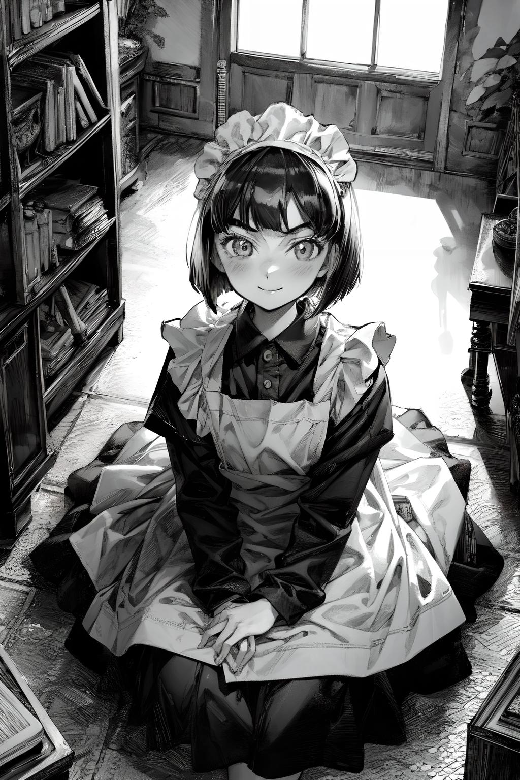 A cartoon girl wearing a maid's outfit is sitting on the floor next to a bookshelf.