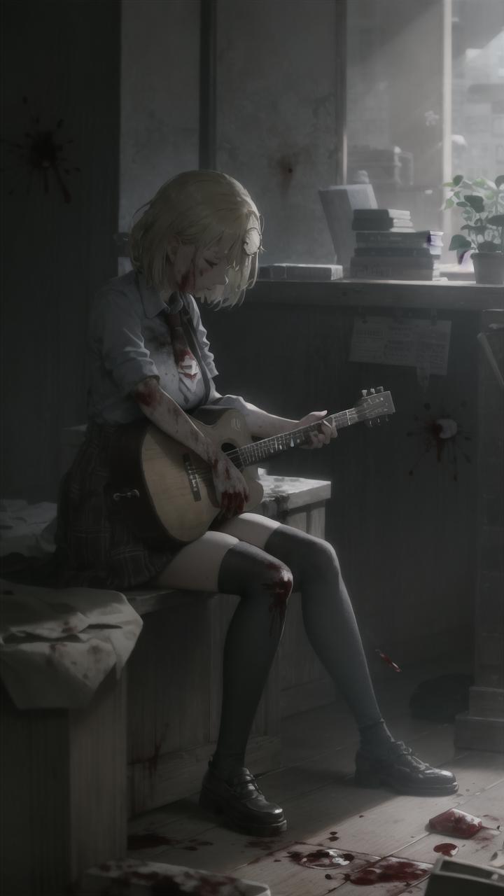 The image features a woman with blood on her face and guitar, sitting on a bench and playing the guitar. It appears to be a dark scene, with the woman possibly in a dangerous situation. The guitar is positioned in her hands, and she seems to be focused on her performance.