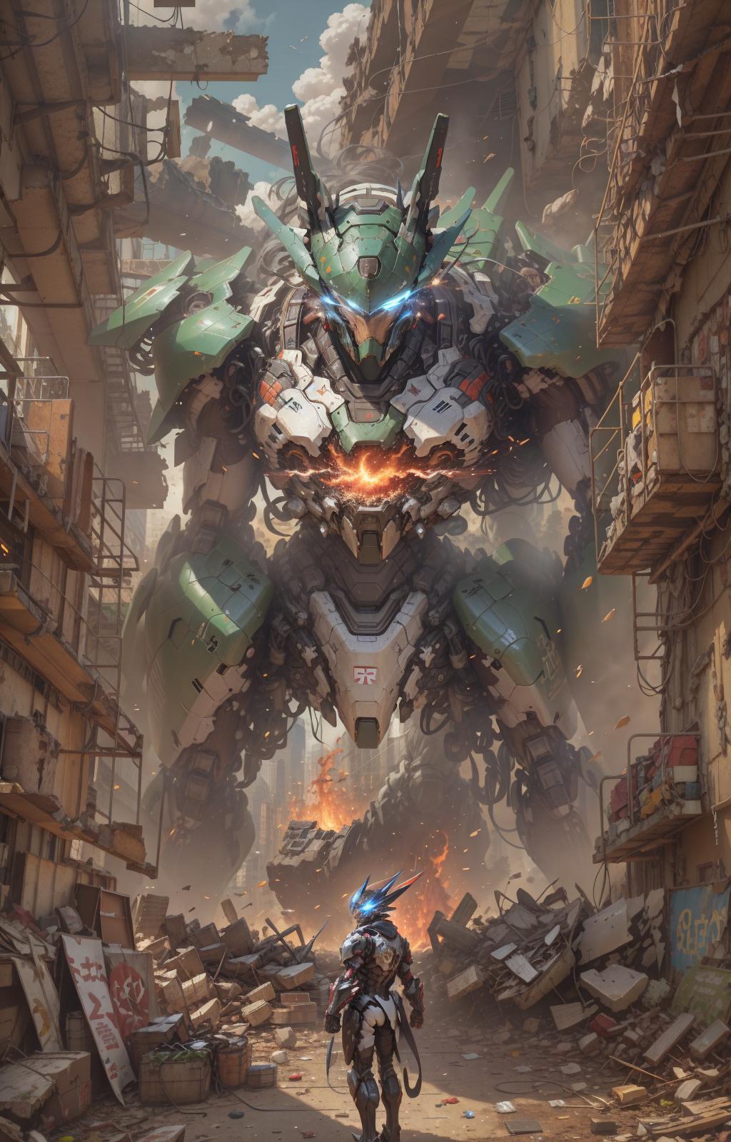 A giant green robot rises above a cityscape, with a smaller robot standing nearby.
