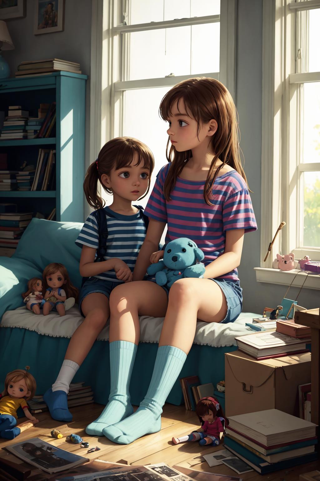 Two little girls sitting on a couch with a stuffed animal and a bookshelf behind them.