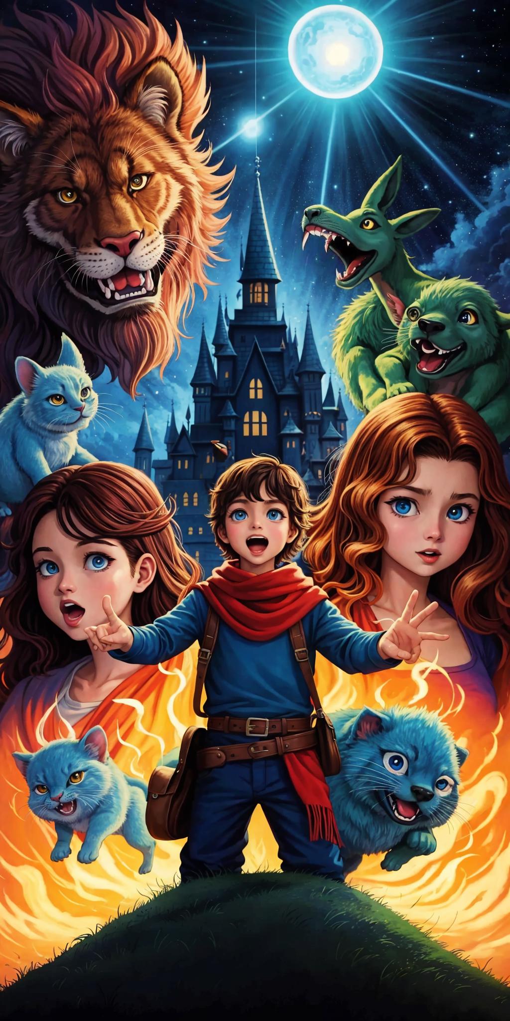 A Fantasy Artwork Featuring a Boy and Two Girls with Animals and a Castle in the Background