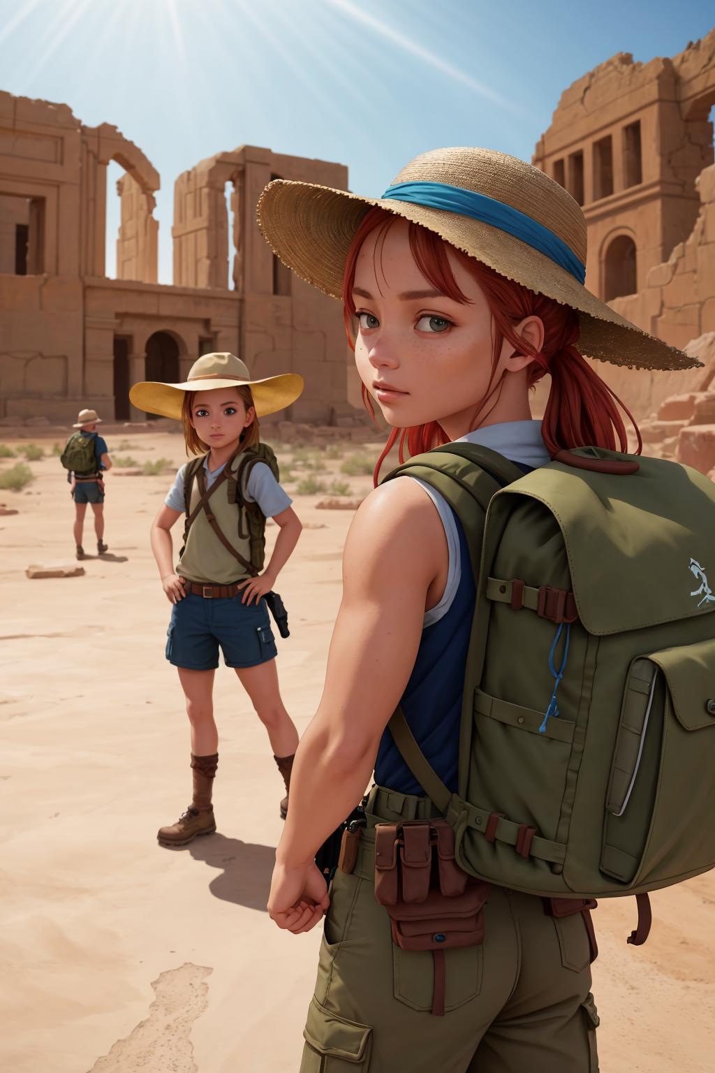 A cartoon image of a girl with a tan hat, a backpack, and a brown hat.