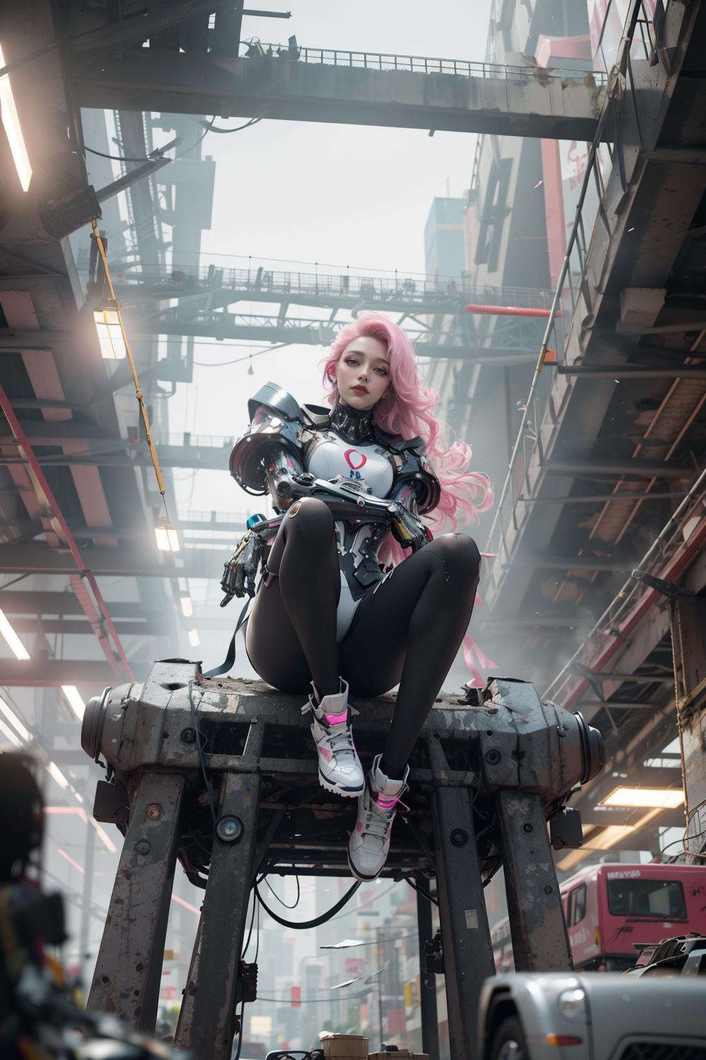 Pink-Haired Cyborg Woman Posing on a Machine in an Industrial Setting