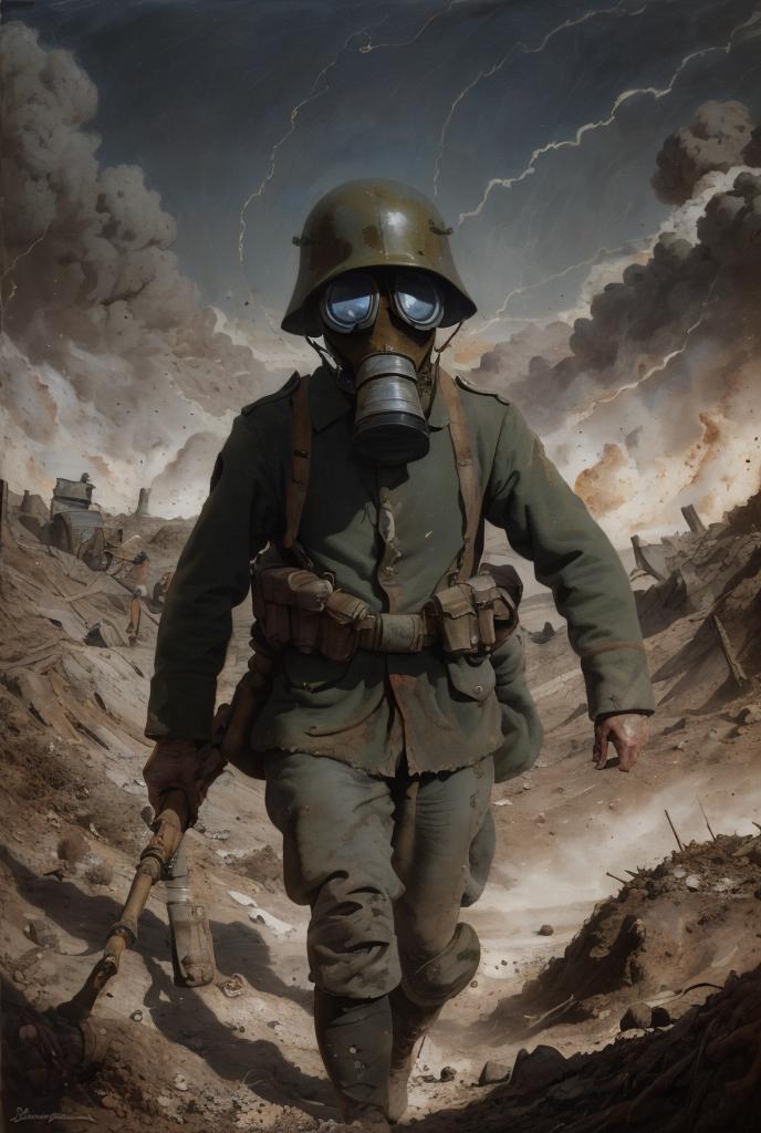 A World War II Soldier with a Gas Mask and Gun Walking in a Desert Setting