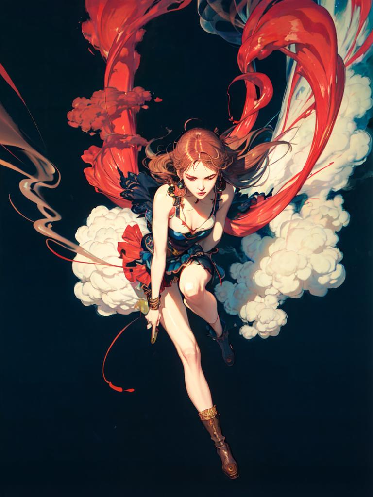 A woman with long hair and a sword flying through the air.