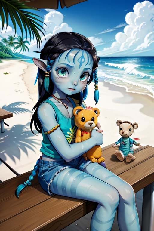 A girl holding two teddy bears on a bench by the beach.