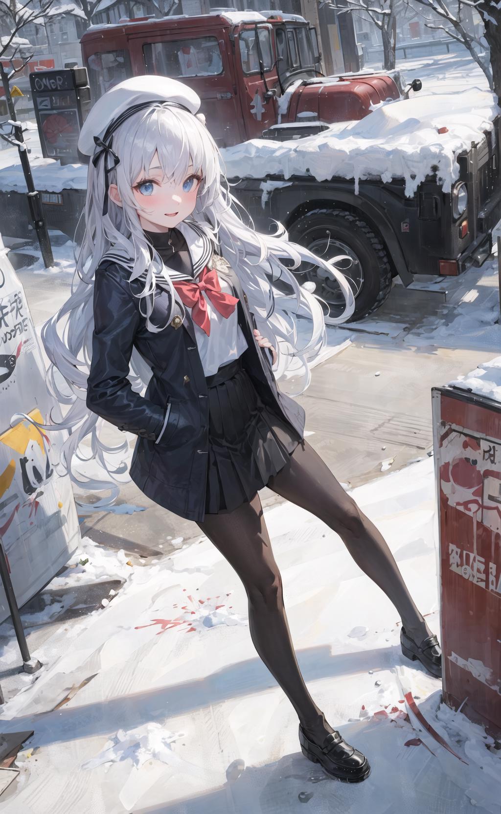 Anime Character in a Snowy Scene with a Red Bow in Her Hair