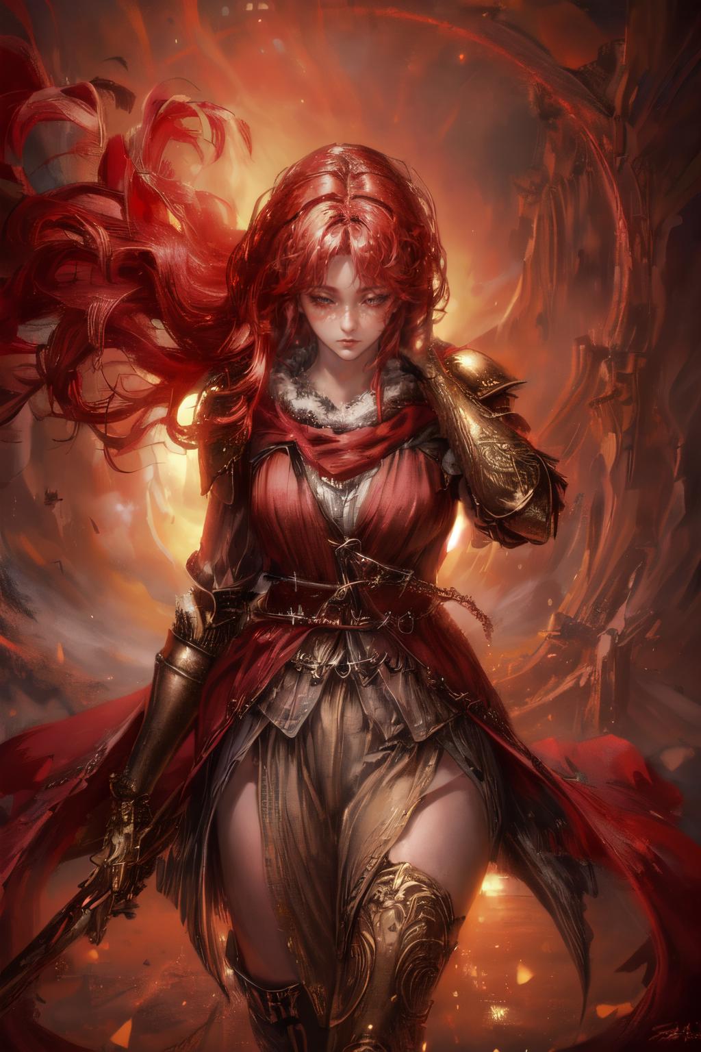 A fantasy art image of a warrior woman with a sword, red hair, and red clothing.