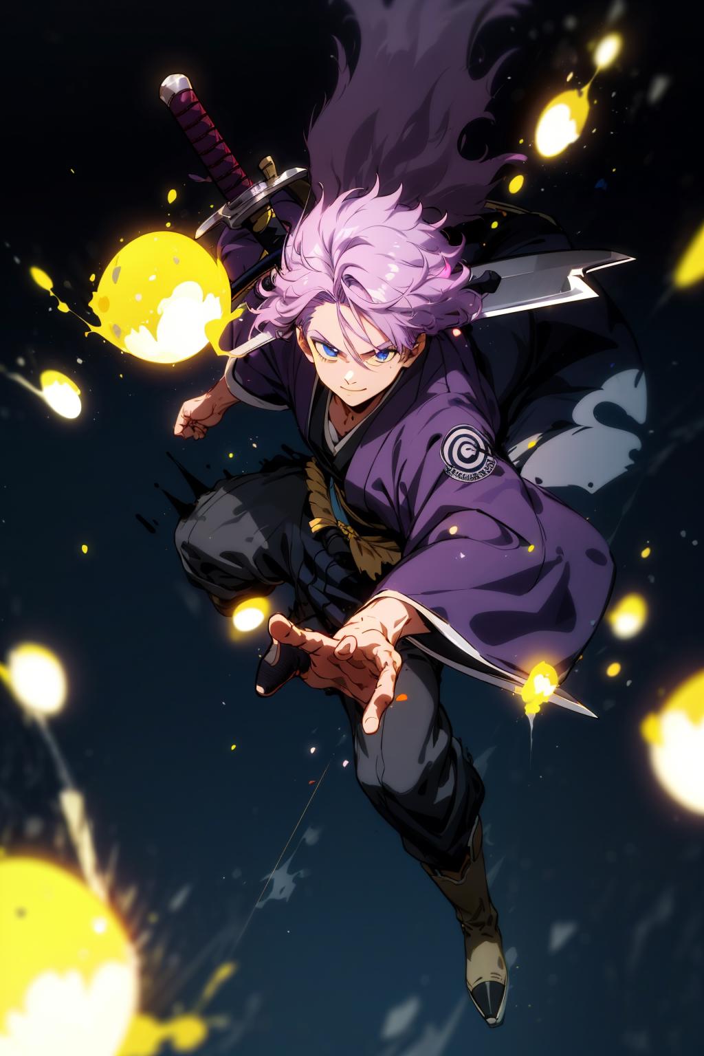 Anime Character with Purple Hair and Blue Eyes, Holding Sword in Hand
