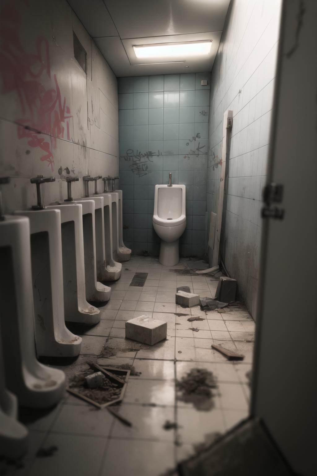 A dirty bathroom with graffiti and broken toilet.