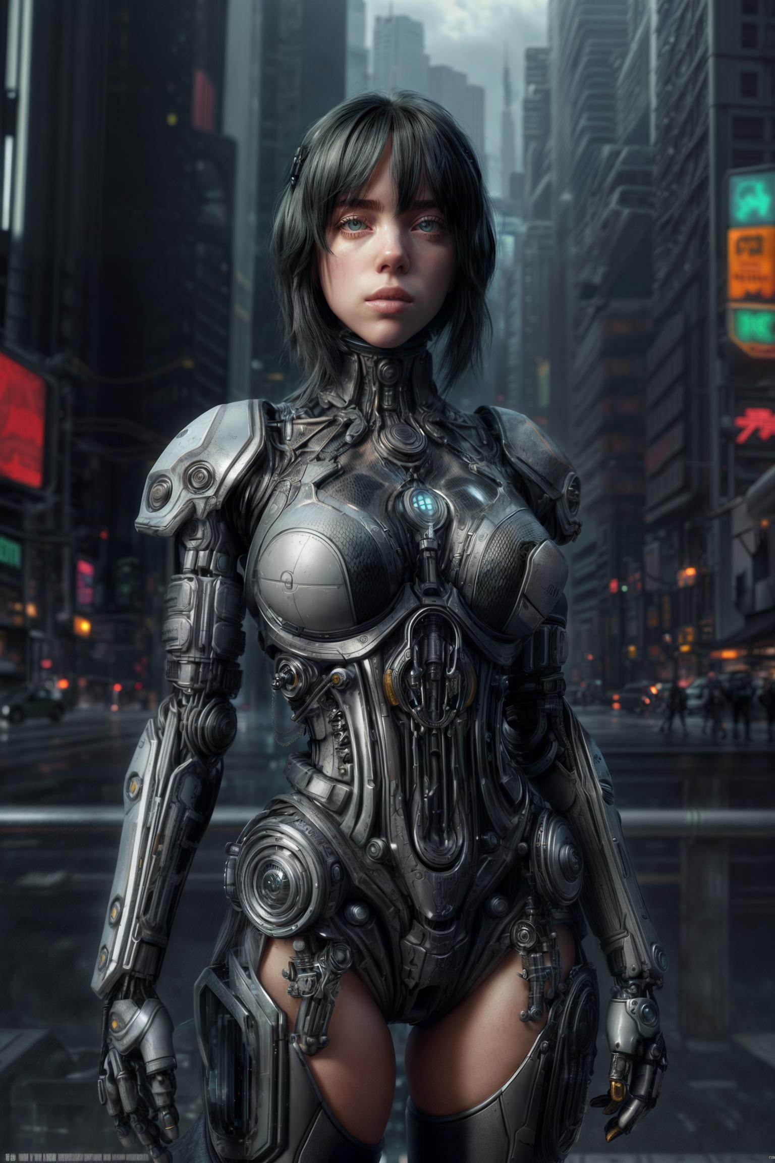 A futuristic robot woman standing in a city setting.