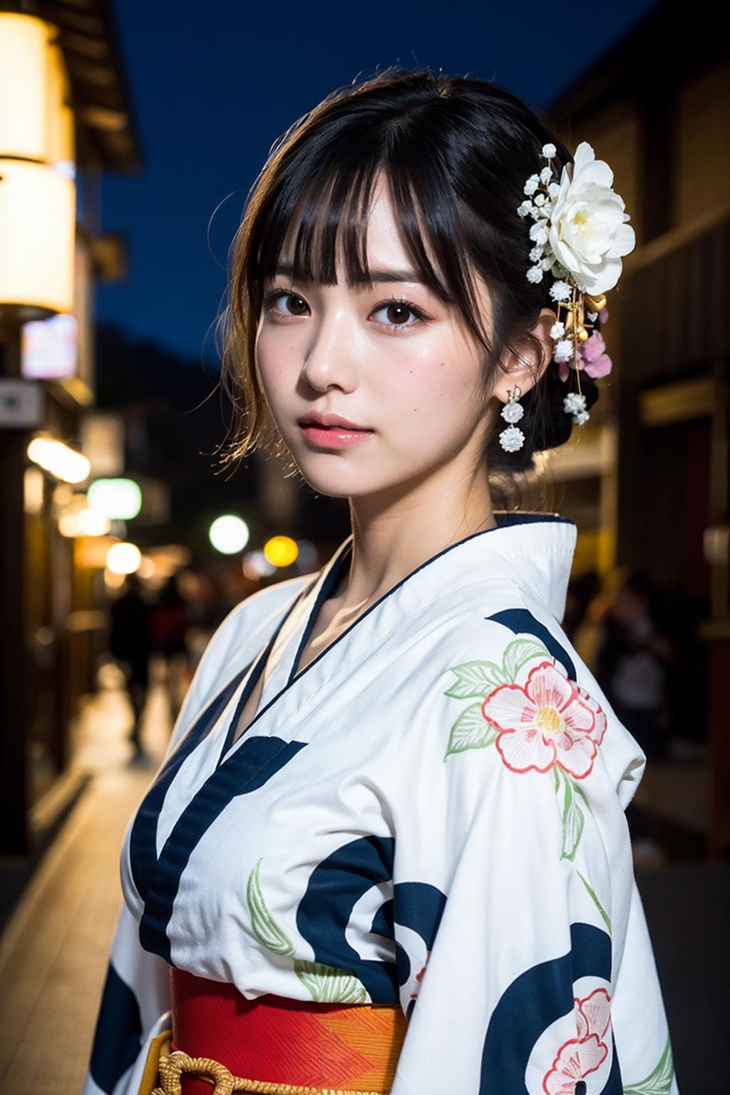 A pretty Japanese woman wearing a white dress with flowers on her head and earrings.