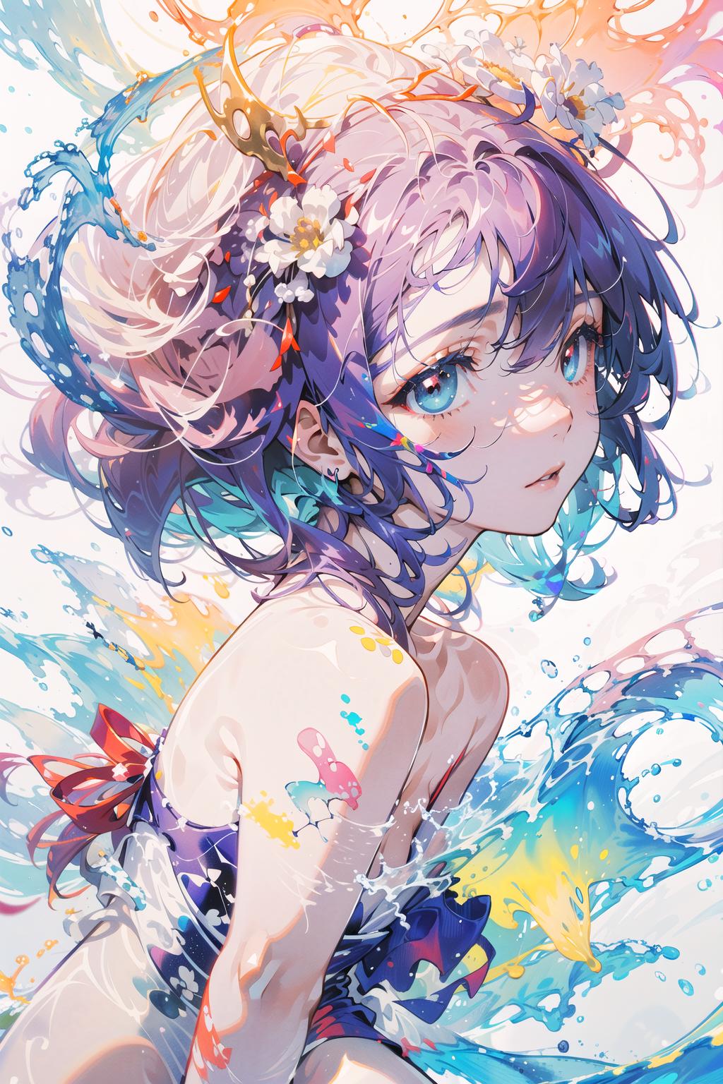 Anime girl with purple hair and blue eyes standing in a water scene.