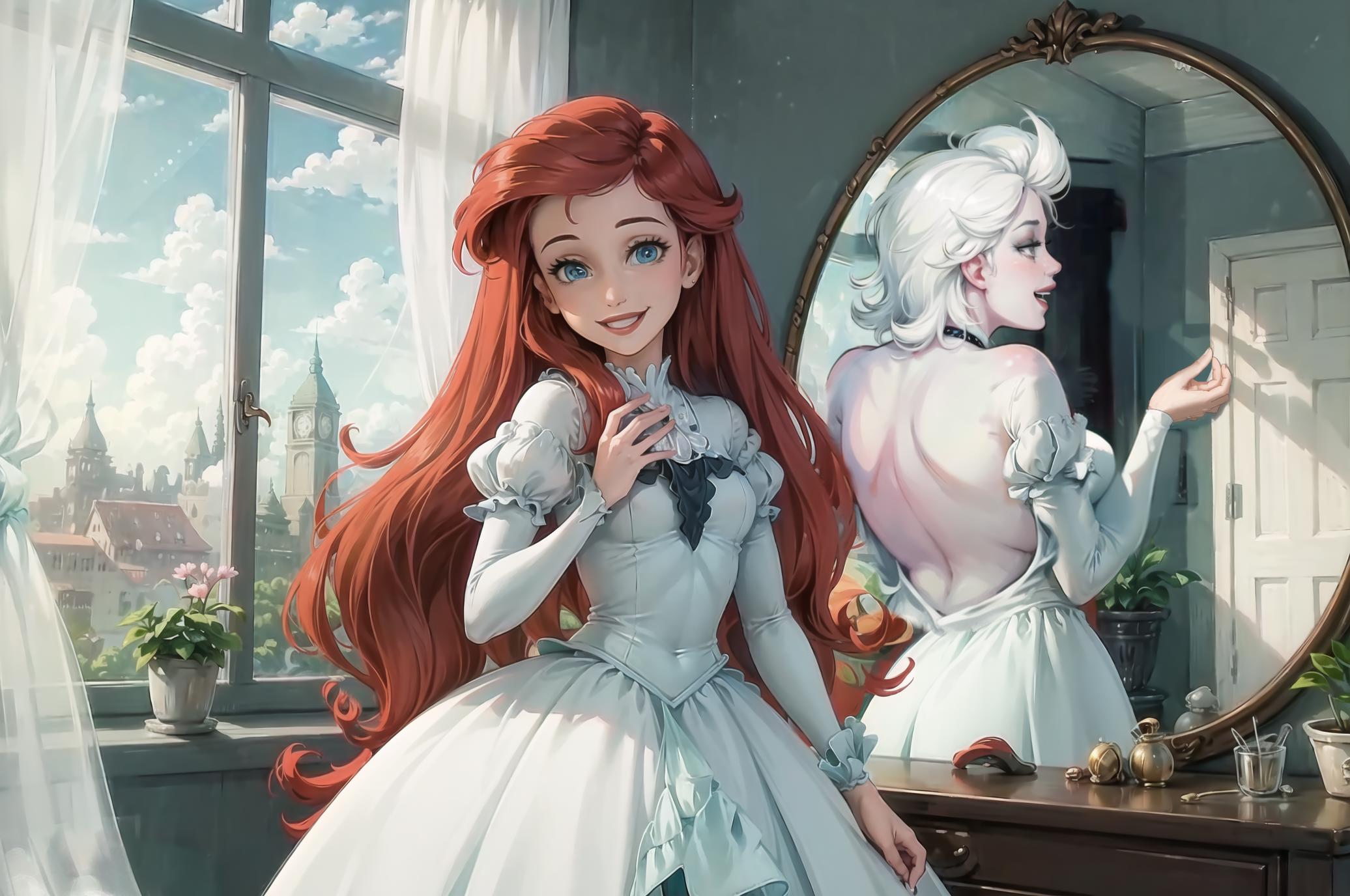A red-haired girl with blue eyes is smiling at her reflection in a mirror, wearing a white dress.