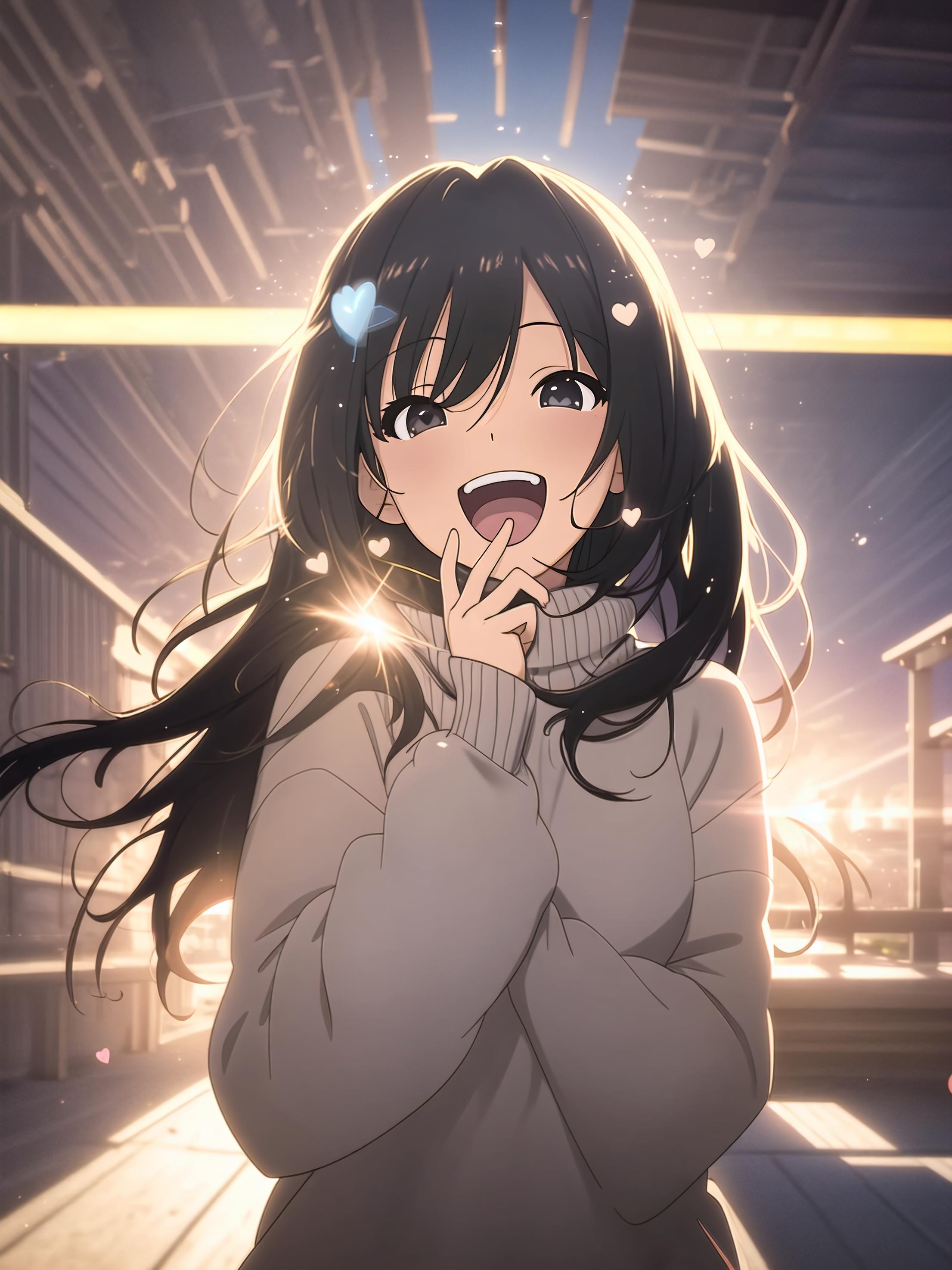 A happy girl with black hair wearing a white sweater.