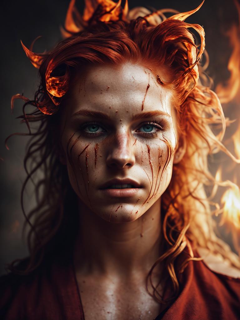 A red-haired woman with blood on her face and neck.