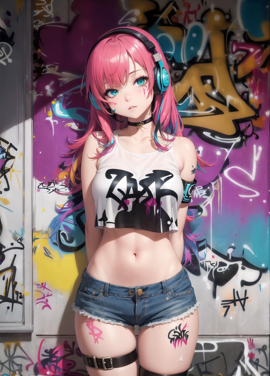 A young woman wearing a black tank top and blue headphones poses in front of a graffiti-covered wall.