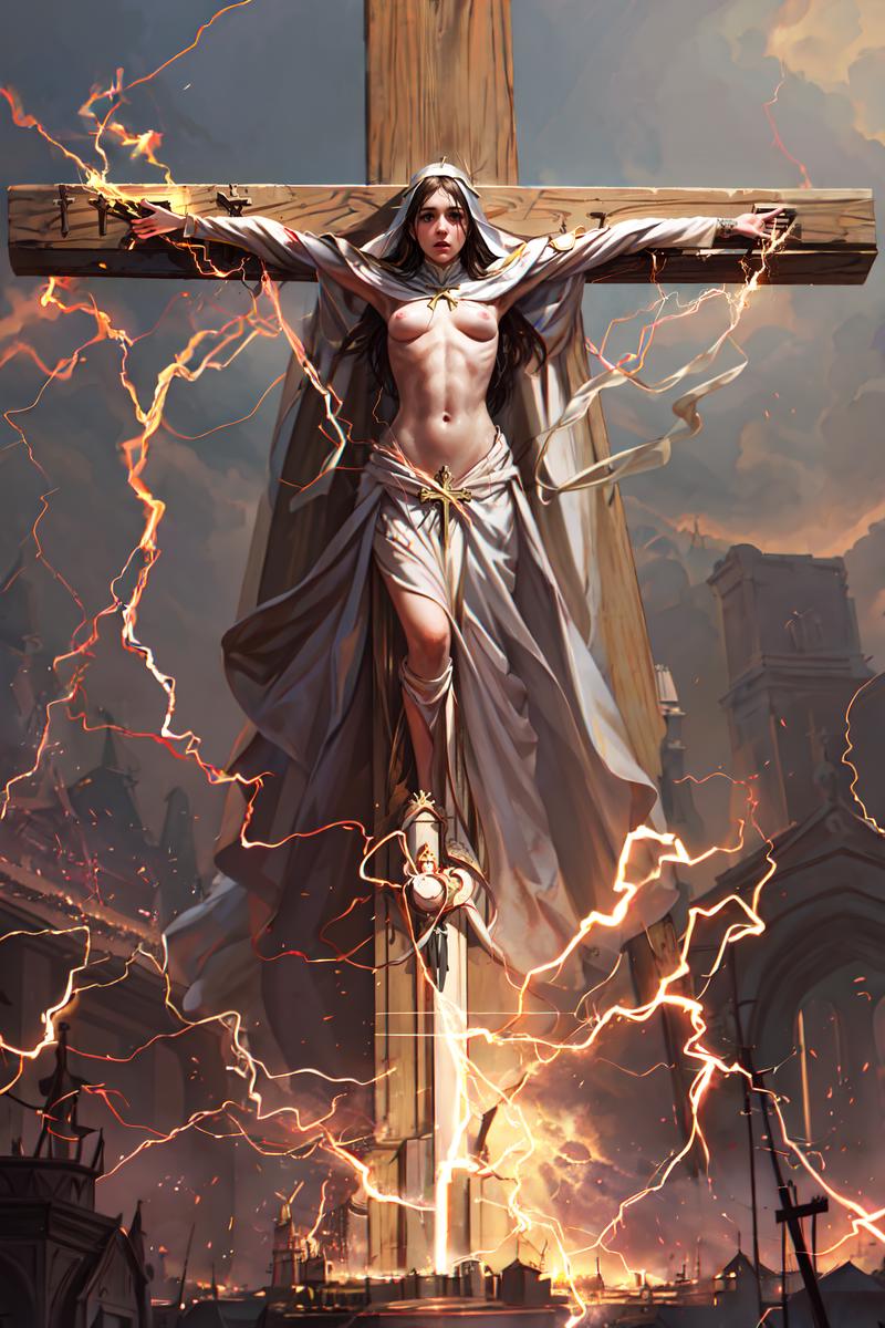 A powerful painting of a naked woman on a cross with electricity and lightning surrounding her.