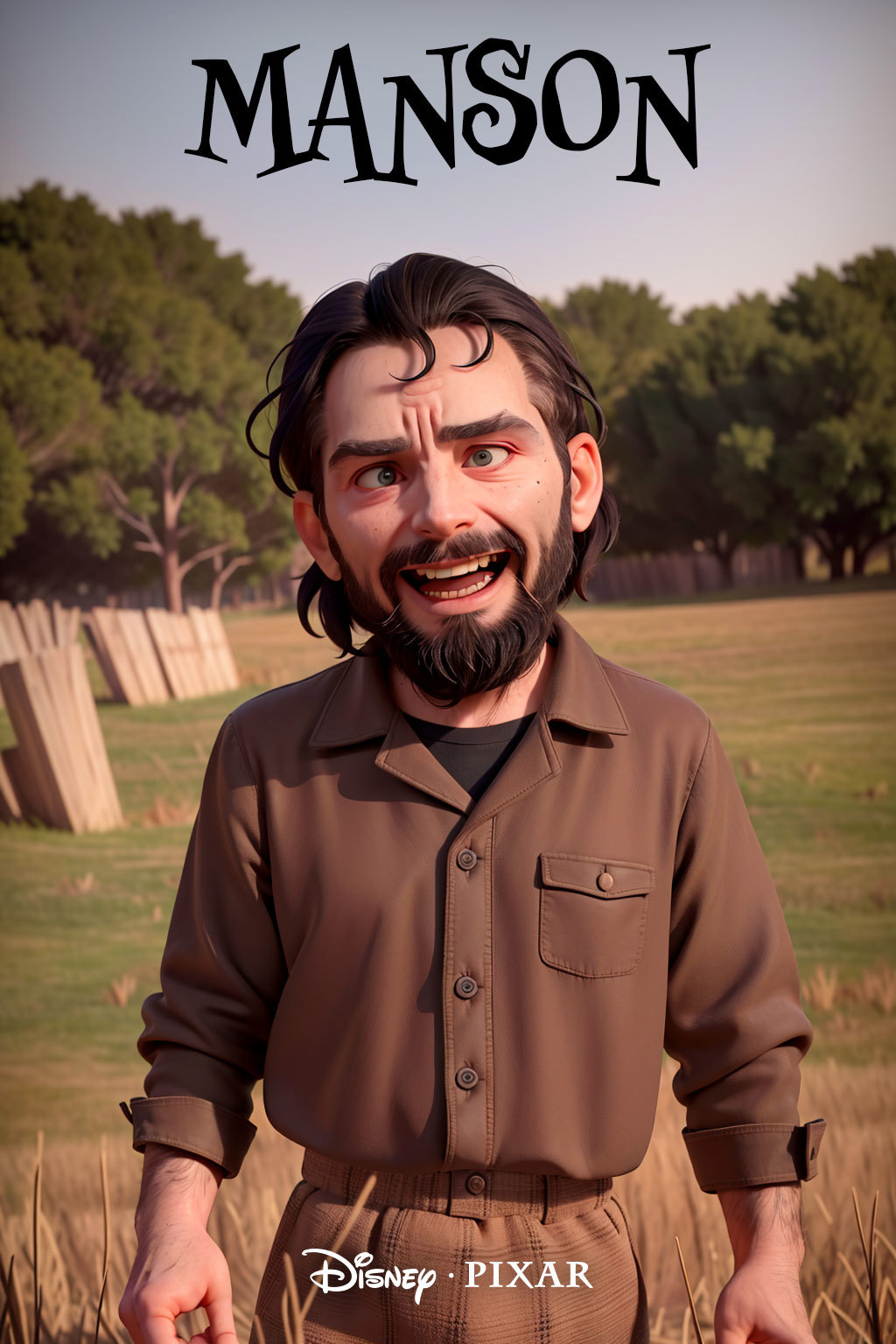 A 3D animated character of a man laughing, wearing a brown shirt and a beard.