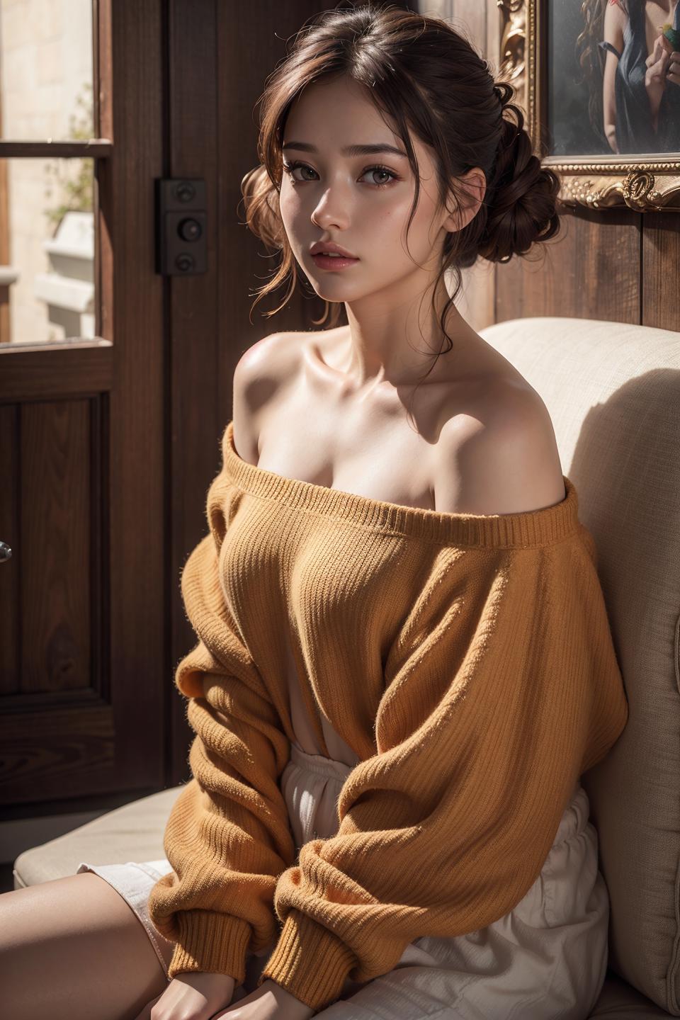 A woman wearing a yellow sweater sitting in a chair.