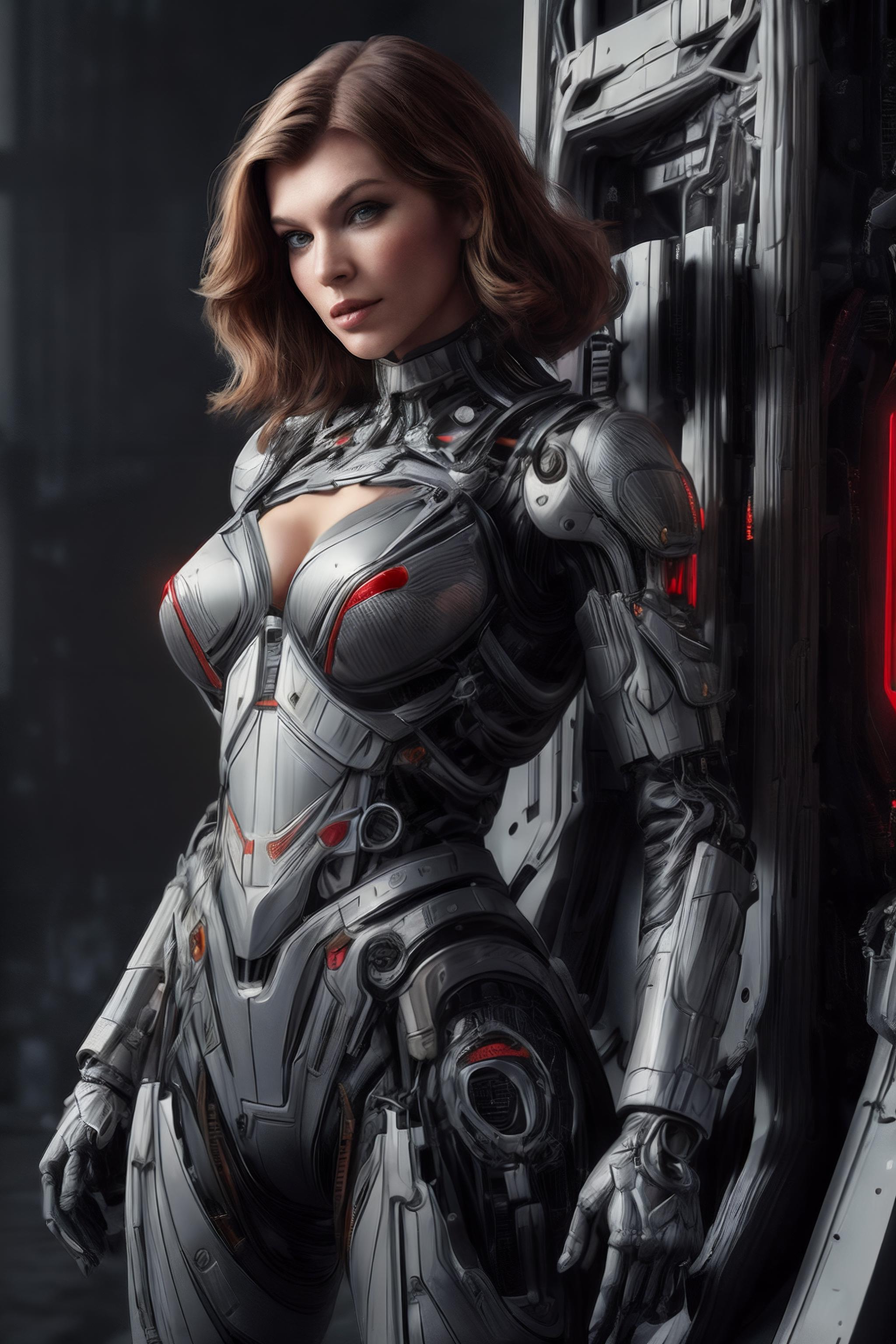 A beautiful female robot with a metallic suit and red accents on her chest.