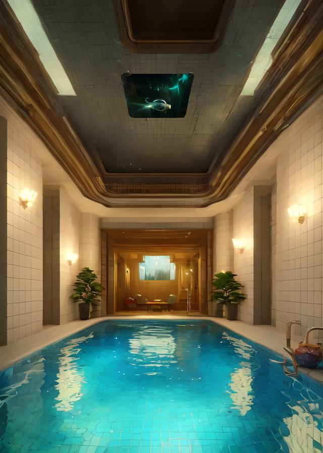 An aerial view of a luxurious indoor swimming pool with a garden and a large skylight.