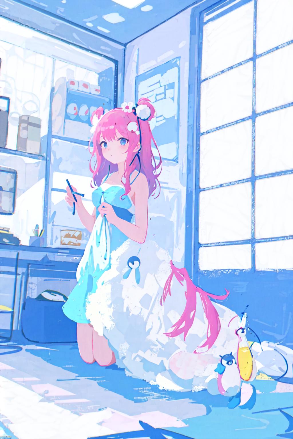 Anime-style girl wearing a blue dress and pink hair, sitting in a room with a refrigerator and a cat.