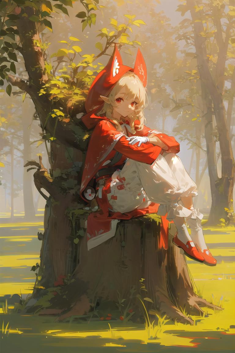 A girl with a red hooded jacket sitting on a tree stump in the woods.