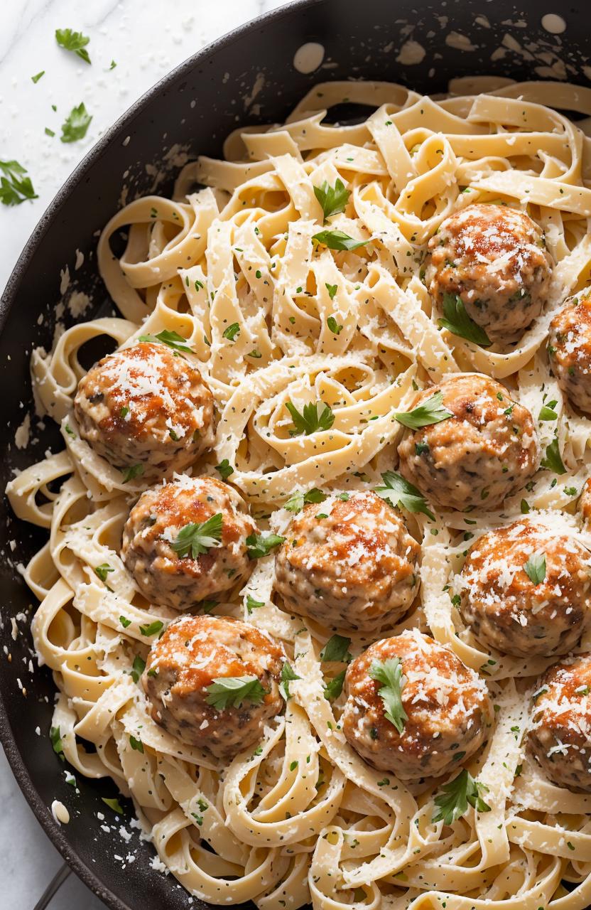 A delicious plate of pasta with meatballs and herbs.