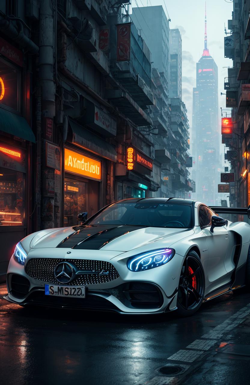 Futuristic Mercedes Benz Car on a Rainy Night in a Cyberpunk City