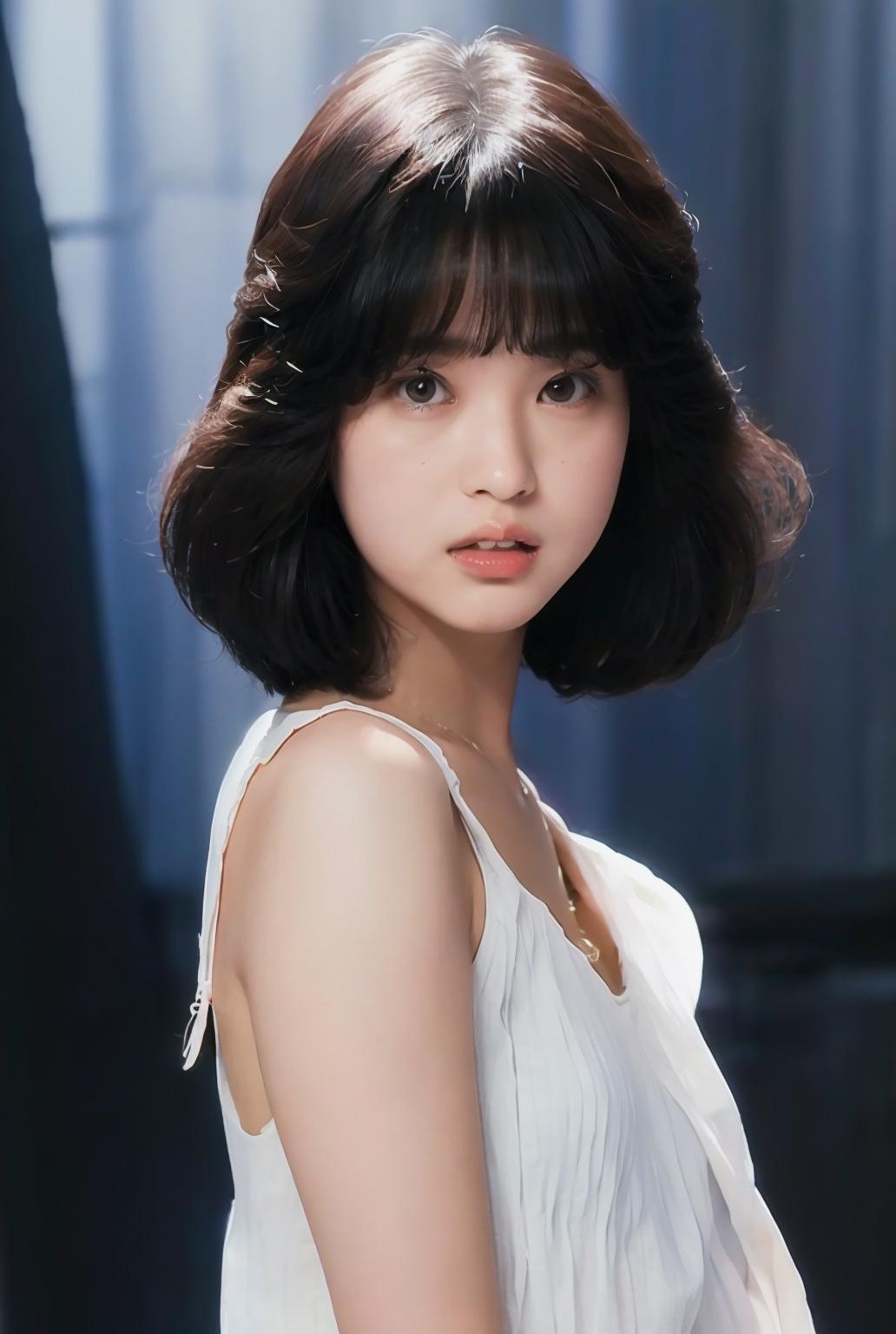 A young Asian woman with short black hair, wearing a white top, posing for a portrait.